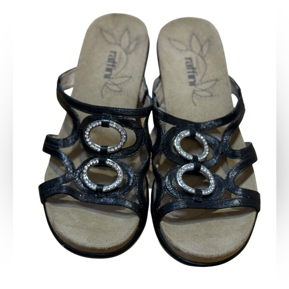 Umberto Raffini Black Leather Crystal Circle Wedge Sandals Size 8